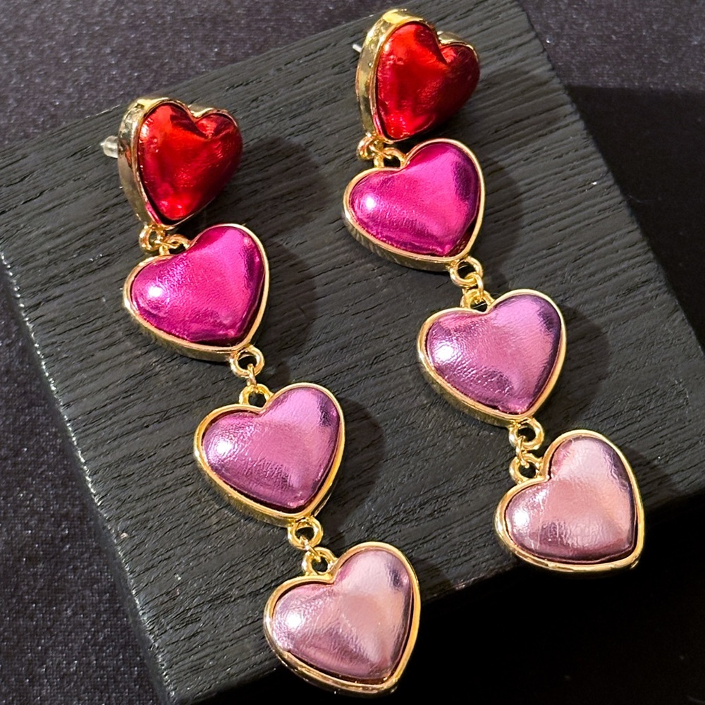 Red Pink Purple Heart Dangling Drop Ombre Love Romantic Stud Hearts Earrings